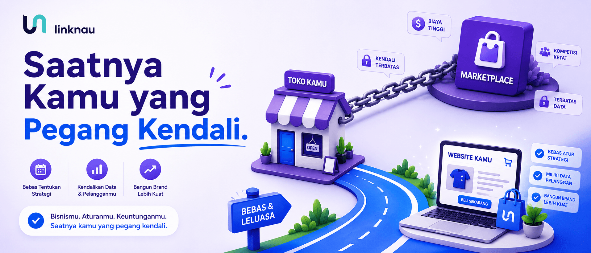 Ilustrasi rantai yang menghubungkan seller ke marketplace, dengan satu sisi rantai yang bisa diputus dan digantikan dengan toko online mandiri