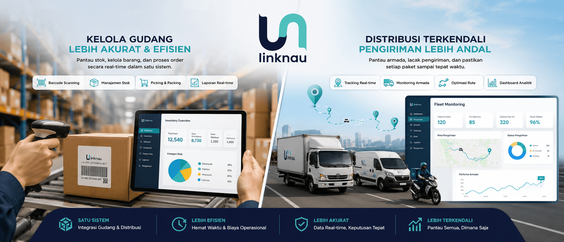 Ilustrasi gudang digital yang terhubung dengan armada distribusi melalui dashboard supply chain terintegrasi.