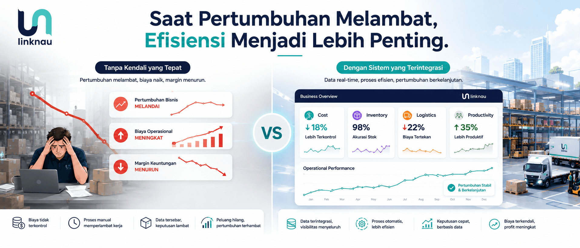 Ilustrasi perusahaan yang menghadapi tekanan biaya dengan dashboard operasional yang menunjukkan inventory, logistics, delivery, dan indikator efisiensi bisnis.