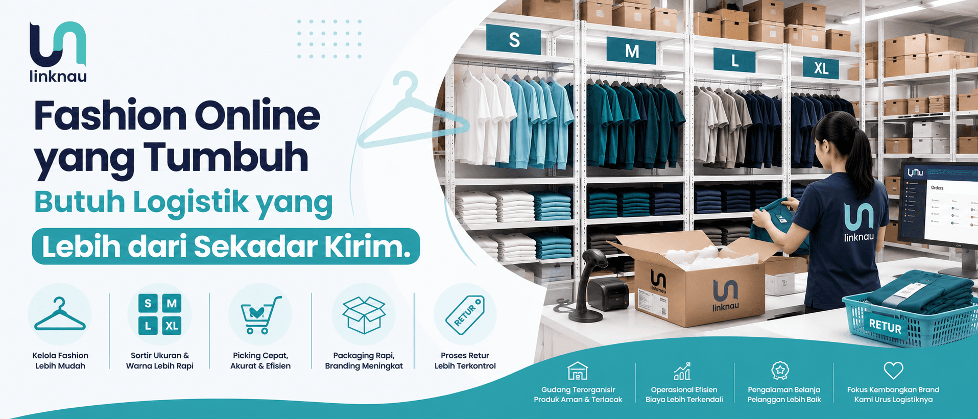 Ilustrasi operasional logistik bisnis fashion online: rak stok dengan berbagai ukuran pakaian, proses picking yang terorganisir, dan packaging yang rapi